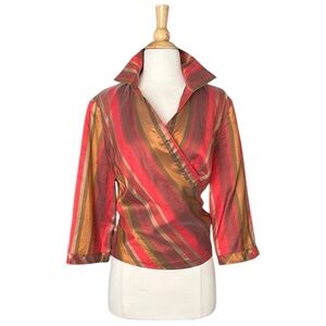 LAFAYETTE 148 New York Vintage Silk Stripe Wrap Blouse Earth Tone Career Size 10